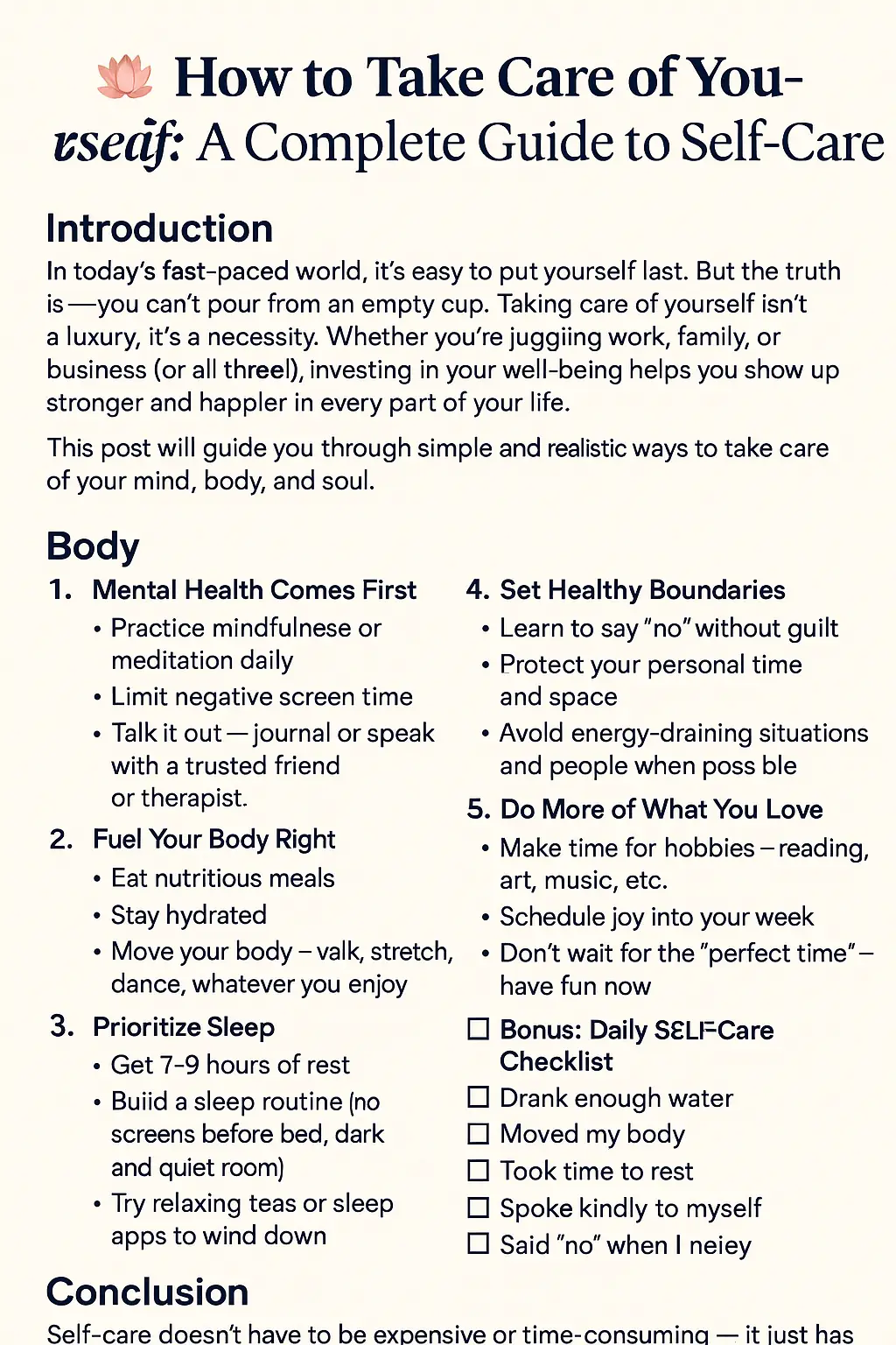 How to Take Care of Yourself: A Complete Guide to Self-Care Meta Description: Learn practical, easy-to-follow ways to take care of your mental, emotional, and physical health. Discover a self-care routine that fits your lifestyle.